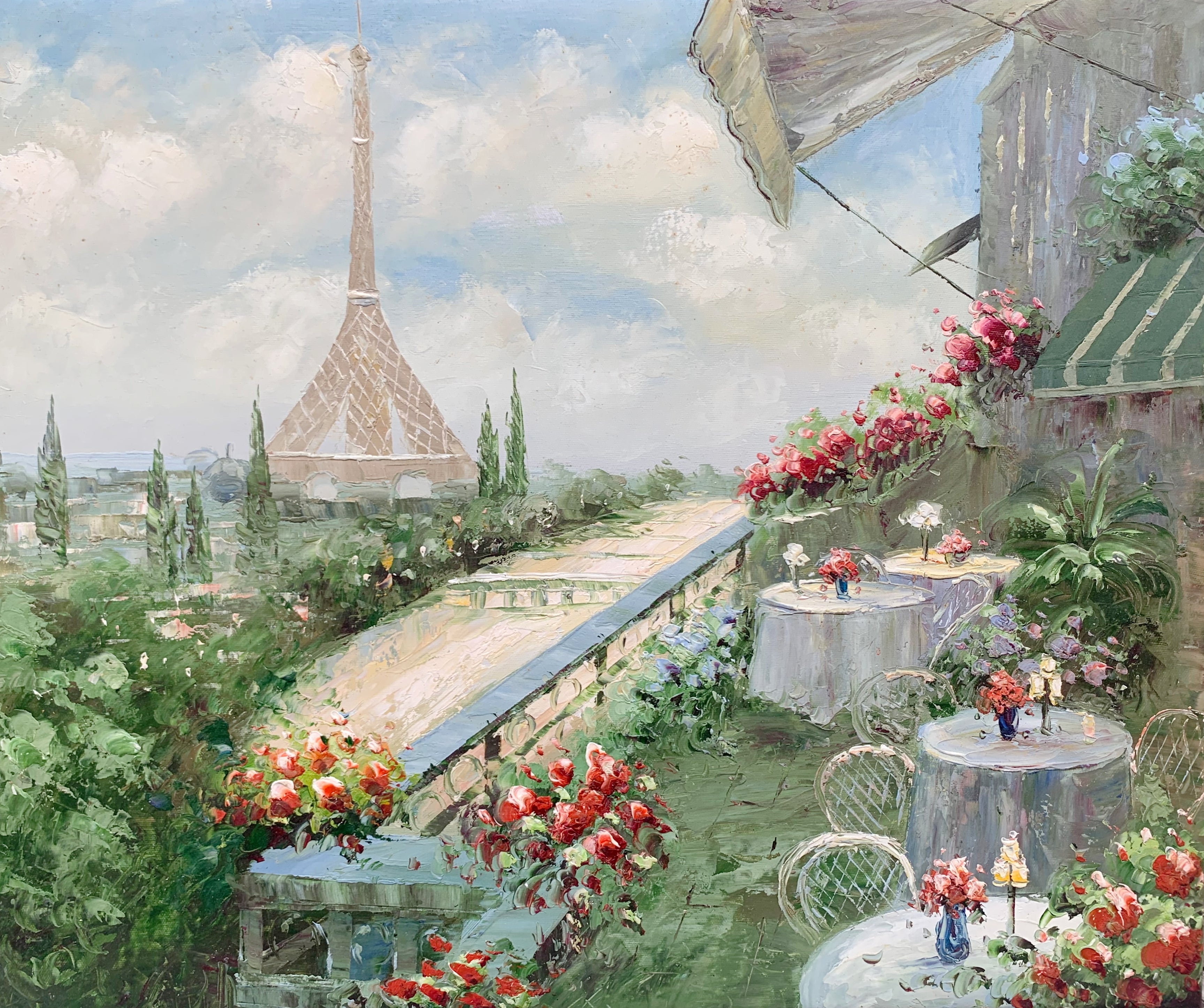 Parisian Terrace with Eiffel Tower View — Exquisitely Hand‑Painted by Professional Artists