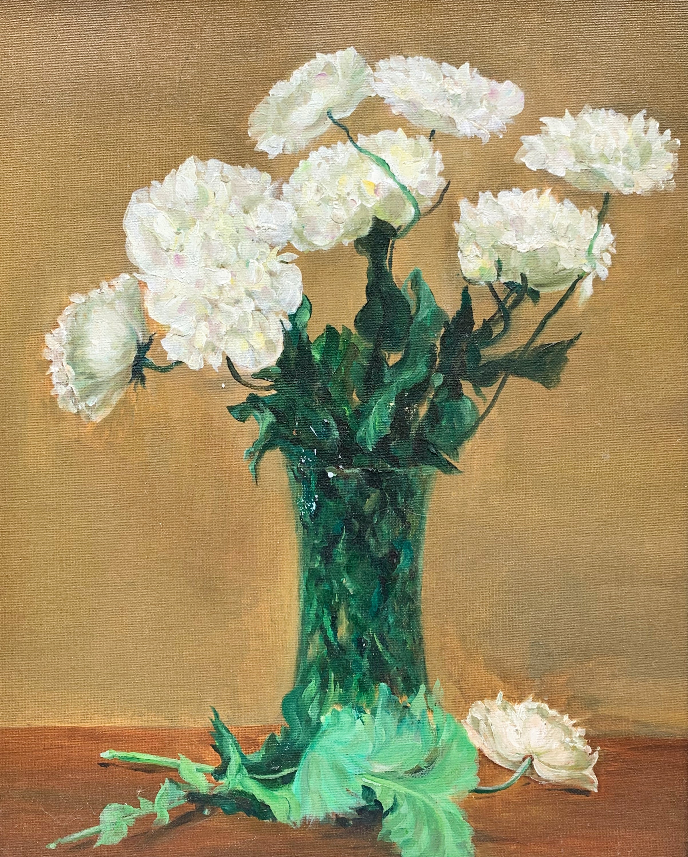 White Carnations in Green Vase — Exquisitely Hand‑Painted by Professional Artists