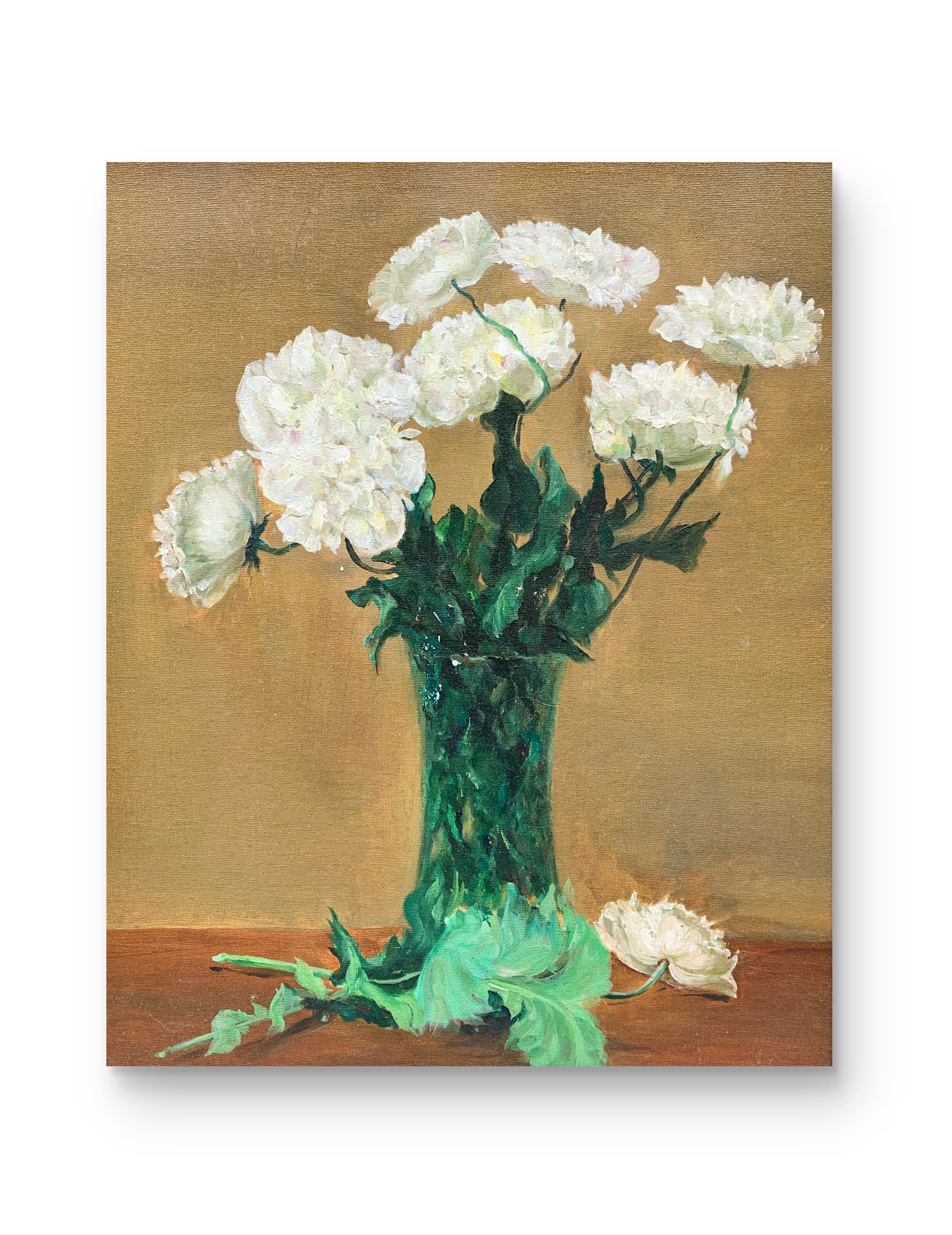 White Carnations in Green Vase — Exquisitely Hand‑Painted by Professional Artists